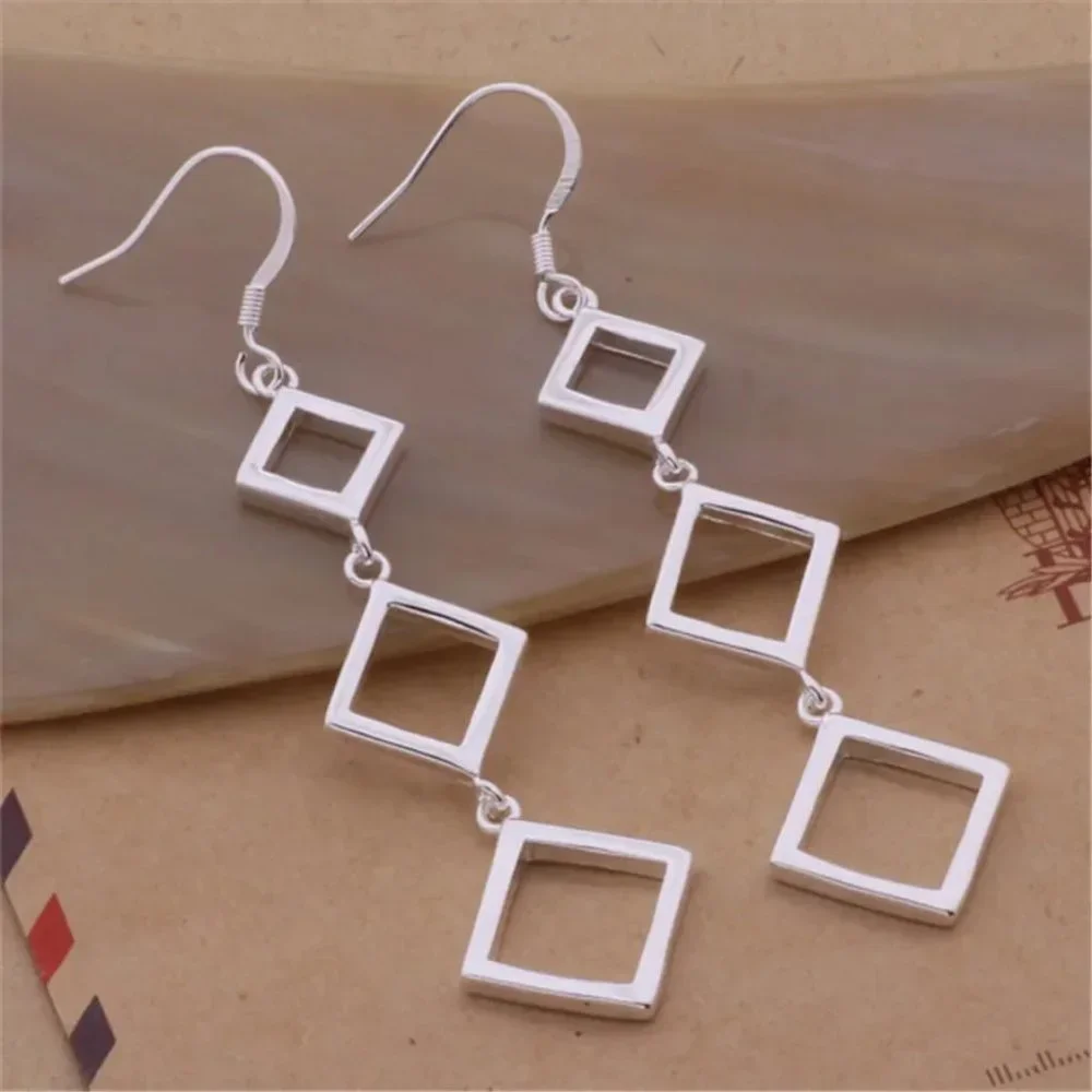 Gorgeous Hypoallergenic Hanging Squares 925 Sterling Silver 3 Inch Long Earrings - Picture 4 of 6